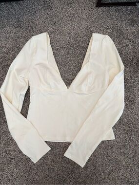 Free People Cream Deep V Long-Sleeve Top